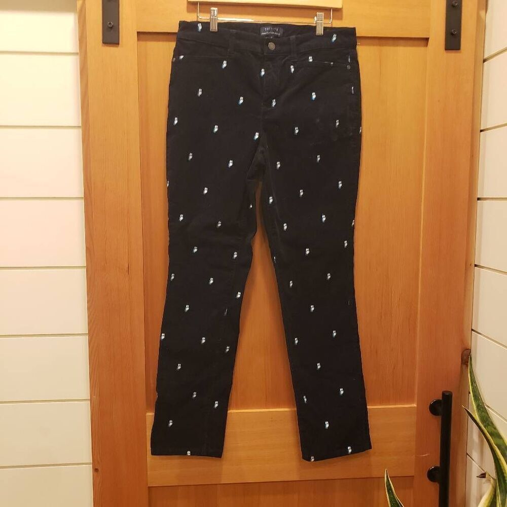 Talbots Simply Flattering 5 Pocket Navy Corduroy Pants Owl Embroidery Print